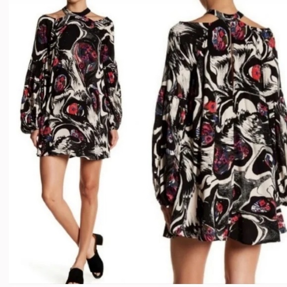 Free People Drift Away Cold Shoulder Artsy Mini-Dress Tunic W-298 Size Small - Picture 2 of 11